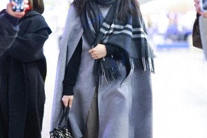 张婧仪灰色大衣穿搭：优雅格纹围巾与水桶包搭配